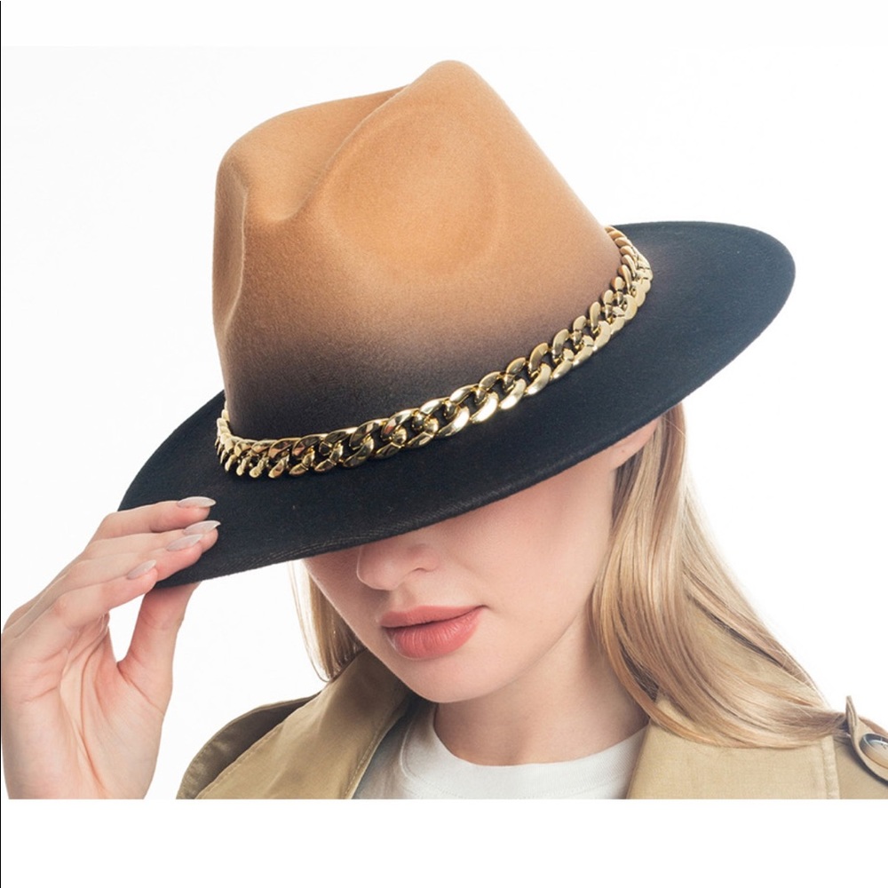 Stylish Tan and Black Fedora with Gold Chain - Picture 1 of 9